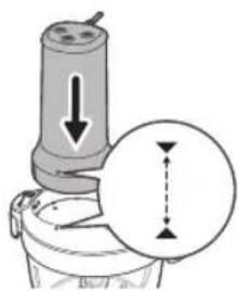 Diagram showing a mechanical device with downward force arrows and a magnified circular detail, likely illustrating a motion or force measurement concept.