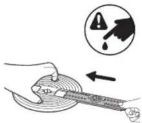 Diagram illustrating a hand holding a tool with warning symbols and an arrow indicating process flow