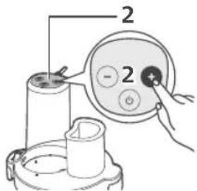 Diagram showing a hand inserting a component into a device with labeled parts and a plus button