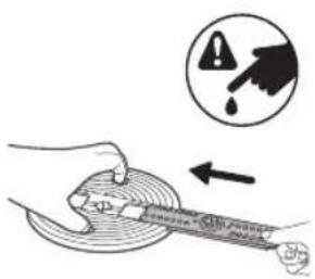 Diagram illustrating a hand holding a tool with warning symbols and an arrow indicating process flow