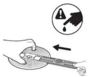 Diagram illustrating a hand using a measuring tool to measure a circular object, with warning symbols and an arrow indicating process flow.