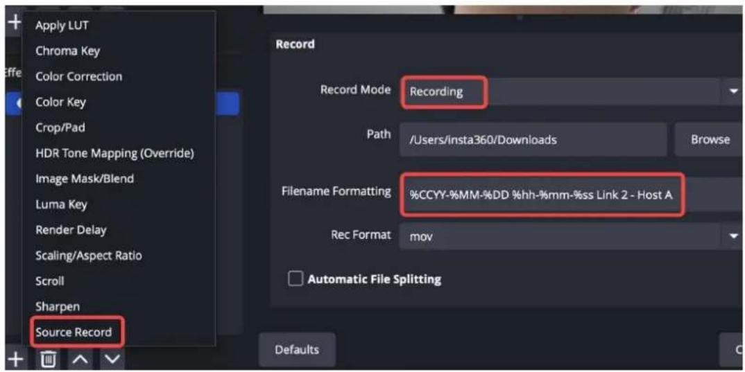 INSTA360 Link 2C Pro - Méthode 1 : Utilisation du plugin « Source Record » (recommandée) - 2