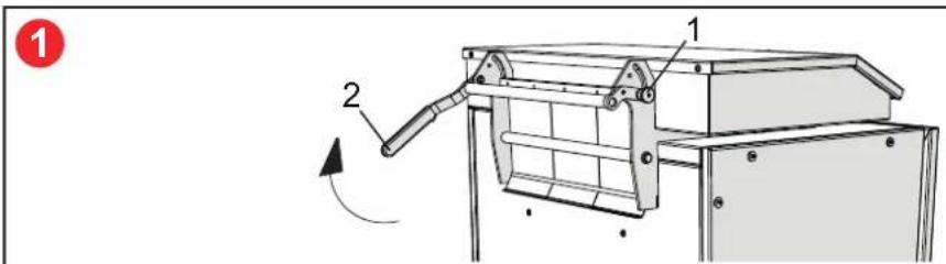 Technical diagram of a mechanical device with labeled parts and directional arrow indicating rotation or movement