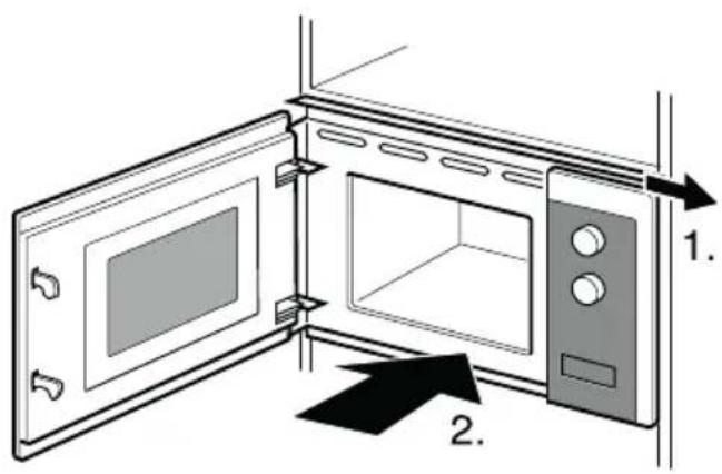 Diagram of a microwave oven with labeled parts and directional arrows indicating assembly or installation steps.