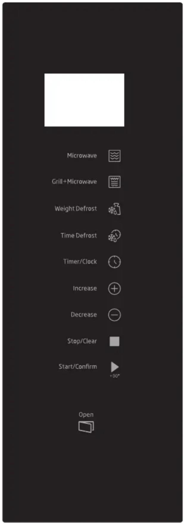Microwave Grill+Microwave Weight Defrost Time Defrost Timer/Clock Increase Decrease Stop/Clear Start/Confirm +30° Open