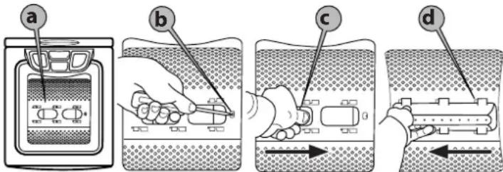 Diagram illustrating four steps of a laboratory procedure involving a container with a tool, a test tube, and a test tube with a ruler.