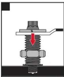 Mechanical assembly diagram showing a bolt with a red arrow indicating force direction (no text or symbols)