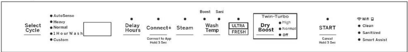 Select Cycle ● AutoSense ● Heavy ● Normal ● 1 Hour Wash ● Custom Delay Hours Connect+ Steam Boost Sani Wash Temp ULTRA FRESH Twin-Turbo Dry Boost High Normal OFF START Cancel Hold 3 Sec WiFi □ ● Clean ● Sanitized ● Smart Assist