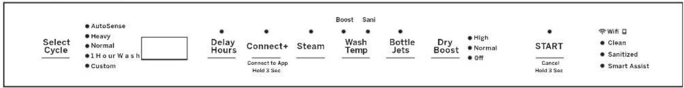 Select Cycle ● AutoSense ● Heavy ● Normal ● 1 Hour Wash ● Custom Delay Hours Connect+ Steam Boost Sani Wash Temp Bottle Jets Dry Boost ● High ● Normal ● Off START Cancel Hold 3 Sec Wifi □ ● Clean ● Sanitized ● Smart Assist