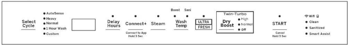 Select Cycle ● AutoSense ● Heavy ● Normal ● 1 Hour Wash ● Custom Delay Hours Connect+ Steam Boost Sani Wash Temp ULTRA FRESH Twin-Turbo Dry Boost High Normal Off START Cancel Hold 3 Sec Wifi □ ● Clean ● Sanitized ● Smart Assist