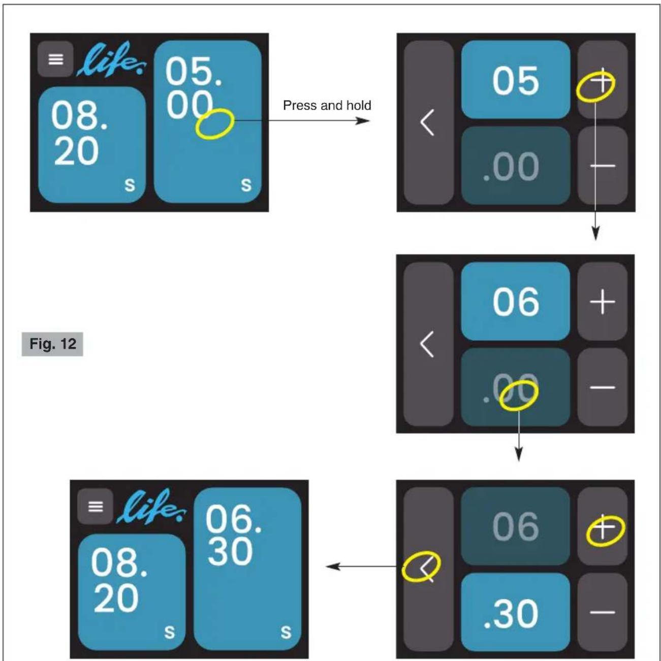 Ceado Life WAM - SETTING THE GRINDING TIME OR DOSE WEIGHT - see Fig. 12 - 1