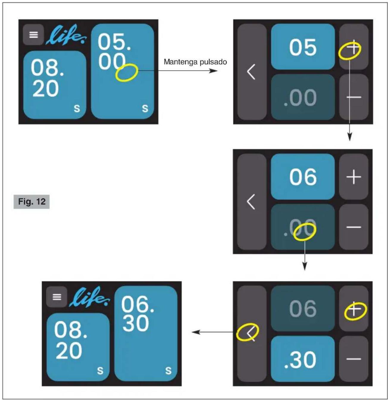 Ceado Life WAM - CONFIGURACIÓN TIEMPOS DE MOLIDO O PESO DE LA DOSIS - véase Fig. 12 - 1
