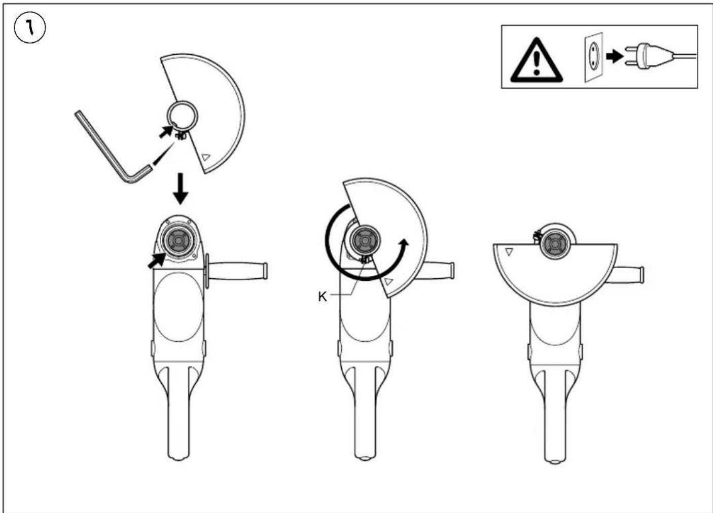 Technical diagram illustrating the step-by-step installation of a power tool, showing disassembly and reassembly with labeled components and warning symbol.