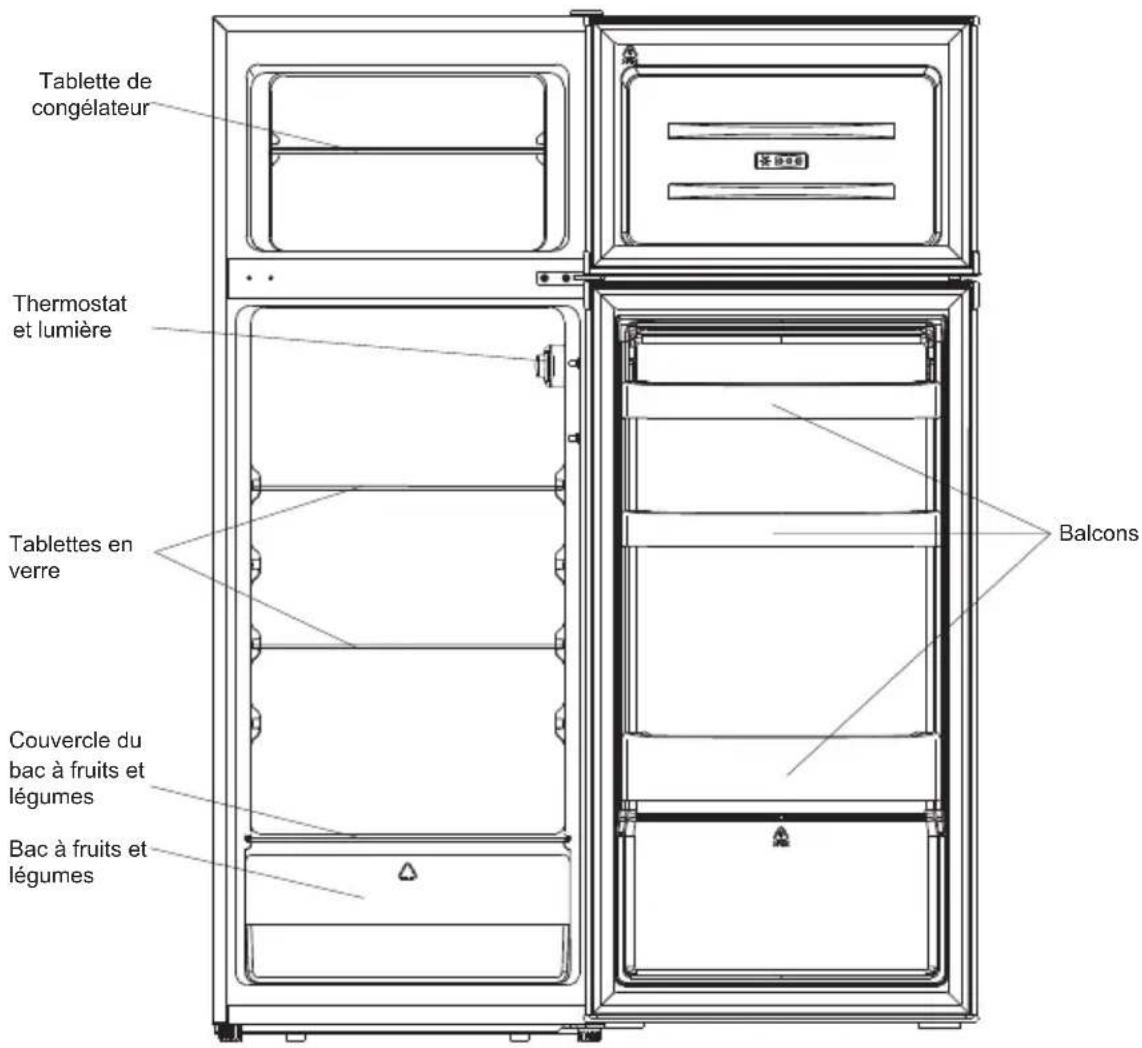 Tablette de congélateur Thermostat et lumière Tablettes en verre Couvercle du bac à fruits et légumes Bac à fruits et légumes Balcons