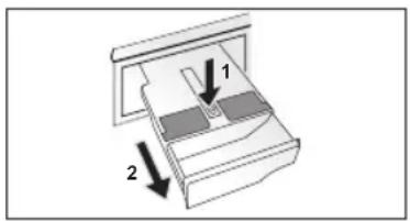 Diagram showing a mechanical device with labeled parts 1 and 2, indicating directional movement or assembly.