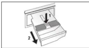 Diagram showing a mechanical or electronic component with labeled parts 1 and 2, indicating directional movement or assembly.