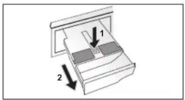 Diagram showing a mechanical device with labeled parts 1 and 2, indicating directional movement or assembly.