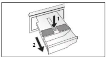 Diagram showing a mechanical device with labeled parts and directional arrows indicating movement or force