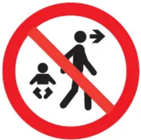 Prohibition sign with pictograms of a child and adult walking, indicating no movement or death