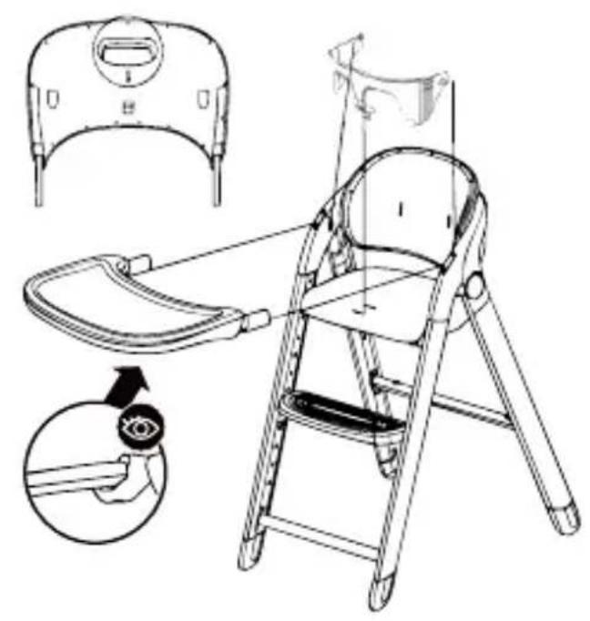Technical diagram of a baby seat with labeled parts and an inset showing the insertion process.