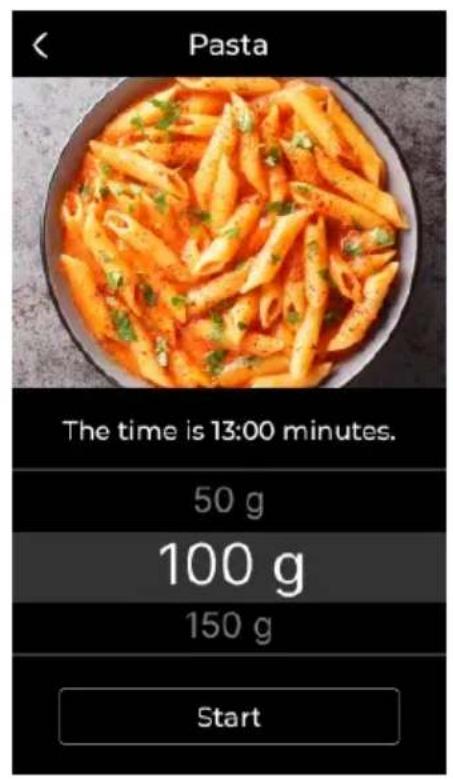 Pasta The time is 13:00 minutes. 50 g 100 g 150 g Start
