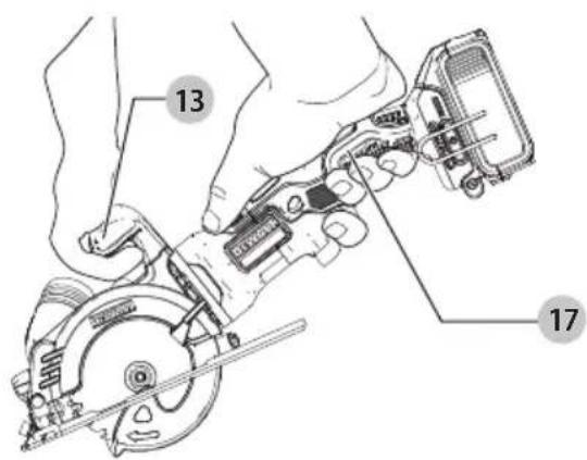 Technical diagram showing hands using a tool to adjust or install a mechanical component, with numbered parts labeled 13 and 17.