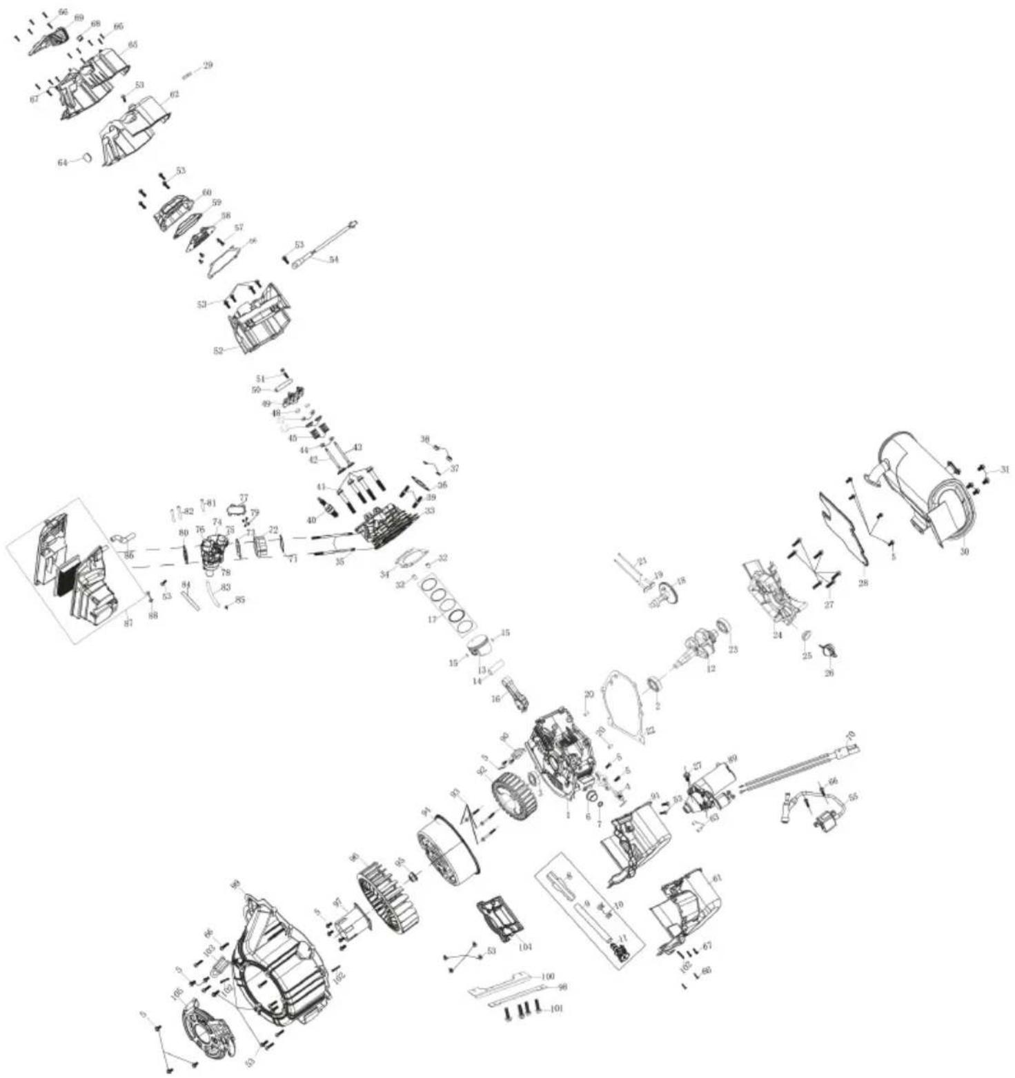 Technical diagram of a mechanical assembly with numbered components and exploded views