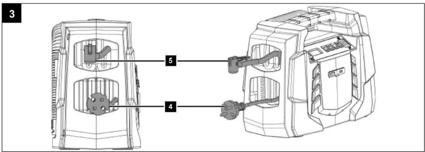 Technical diagram showing two views of a device with labeled parts, including a plug and connector.