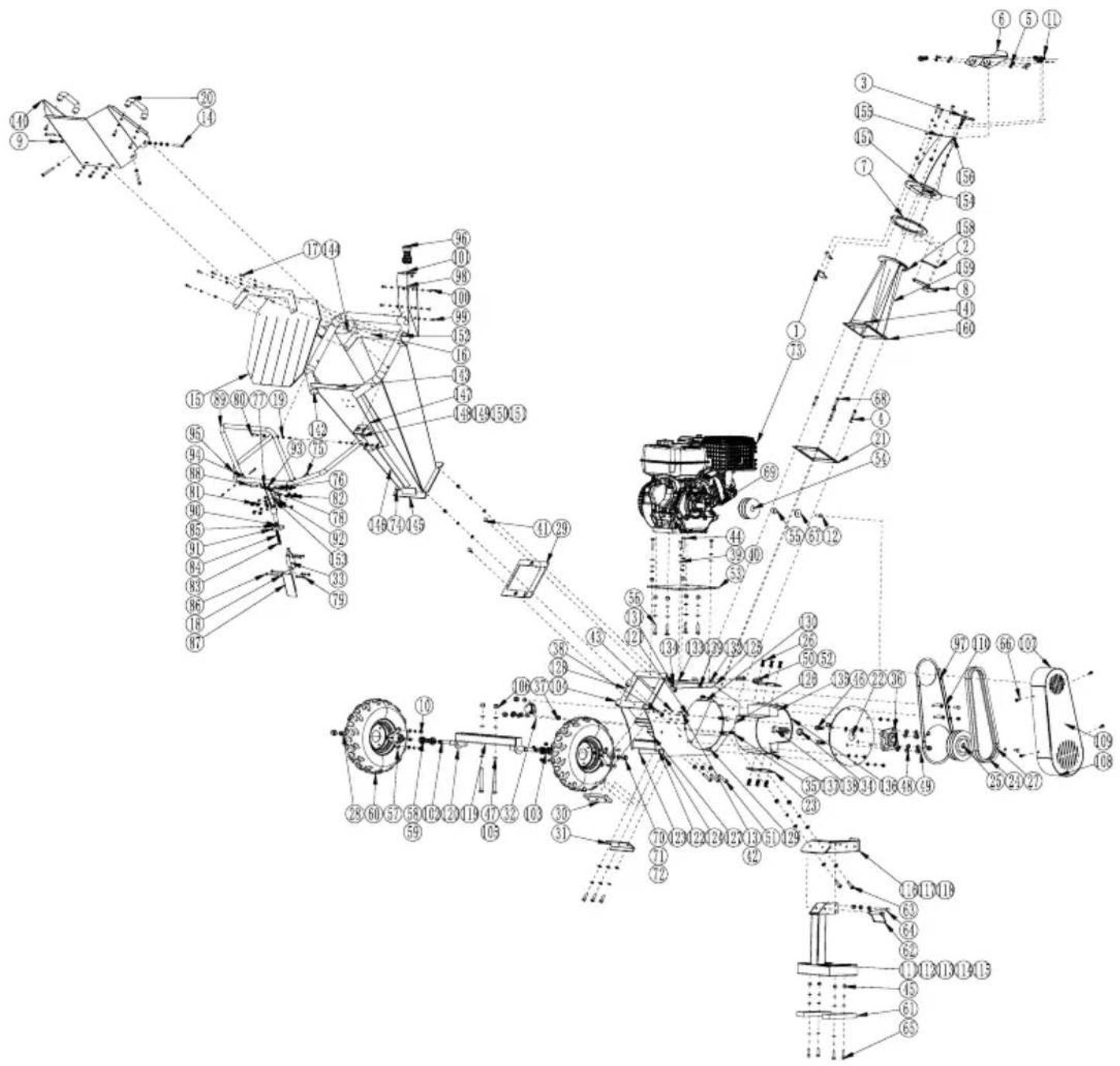 Technical schematic diagram of a mechanical assembly with numbered components and labeled parts
