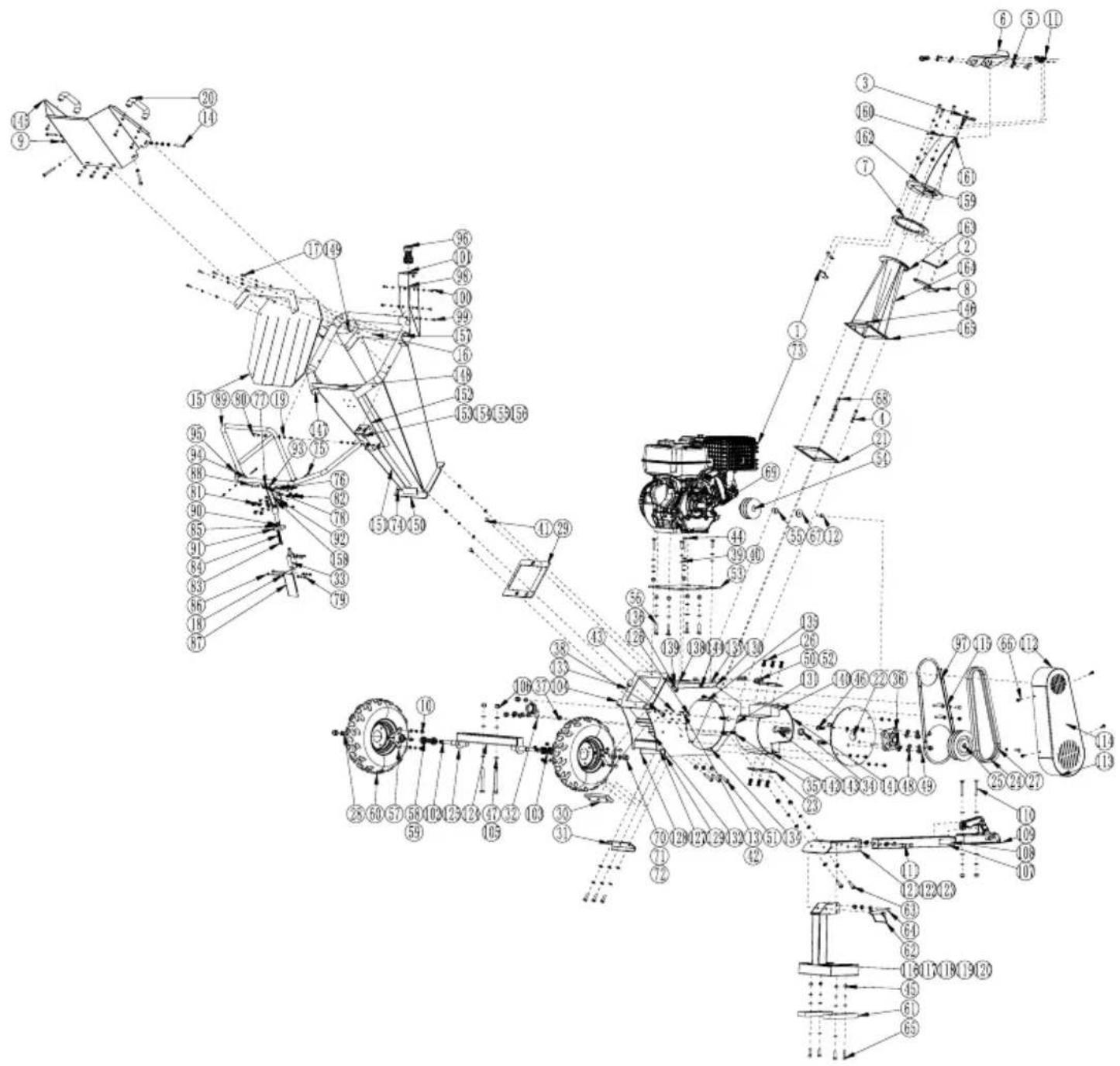 Technical schematic diagram of a mechanical assembly with numbered components and labeled parts