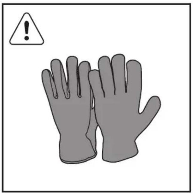 Warning sign with warning triangle and two gloves, indicating hazard or caution