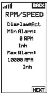 RPM/SPEED DisplayAct Min Alarm: @ RPM Inh Max Alarm! 10000 RPM Inh NEXT