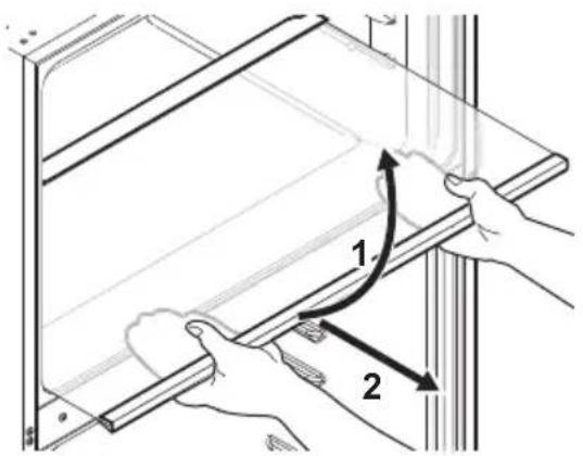 Diagram showing two hands installing or adjusting a panel with labeled arrows indicating direction of movement.