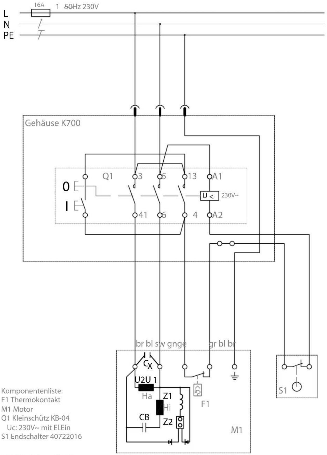 L N PE 16A 1 50Hz 230V Gehäuse K700 Q1 3 5 13 A1 I 41 6 4 A2 U < 230V~ br bl sw gnge gr bl br CX U2U 1 Ha Z1 Hi CB Z2 F1 M1 Komponentenliste: F1 Thermokontakt M1 Motor Q1 Kleinschütz KB-04 Uc: 230V~ mit EI.Ein S1 Endschalter 40722016