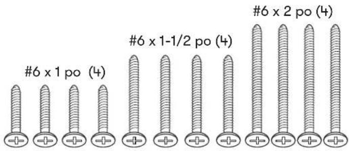 #6 x 1 po (4) #6 x 1-1/2 po (4) #6 x 2 po (4)