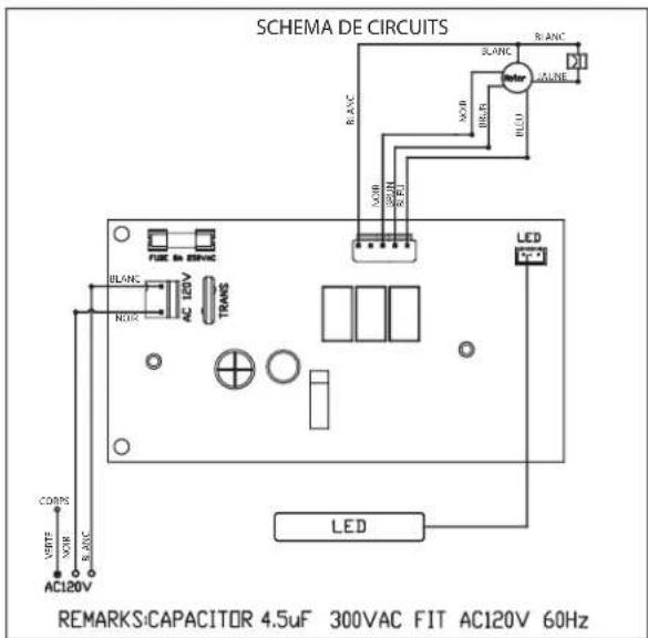 SCHEMA DE CIRCUITS BLANC R-UNC R-UNC R-UNC R-UNC ACLINE FIRE IN BANIC BLANC AC LED TRANS NOR LED VOUT VOR AC120V CORNS S-UNC LED REMARKS:CAPACITOR 4.5uF 300VAC FIT AC120V 60Hz