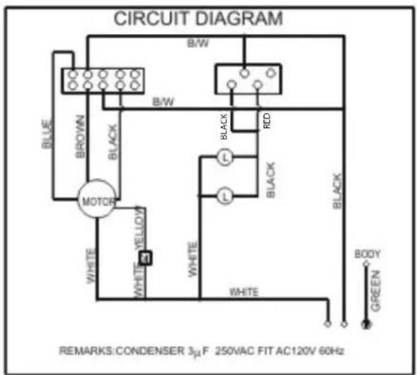 CIRCUIT DIAGRAM B/W B/W BLUE BROWN BLACK BLACK RED MOTCH WHITE YELLOW L L BLACK BLACK WHITE BODY GREEN REMARKS:CONDENSER 3µF 250VAC FIT AC120V 60Hz