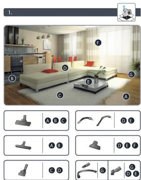Screenshot of a home design interface showing furniture layout with labeled sections and tool icons for different items.
