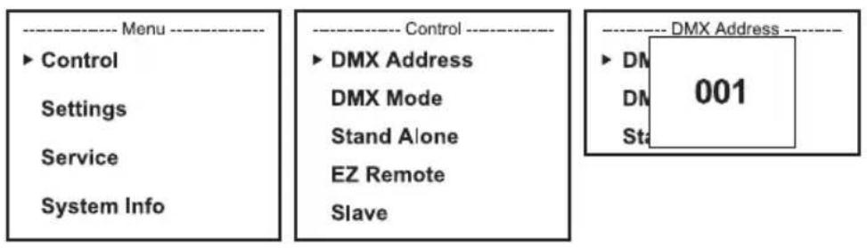 Cameo ZENIT W600 G2 - CONFIGURACION DE LA DIRECCION DE INICIO DMX (DMX Address) - 1