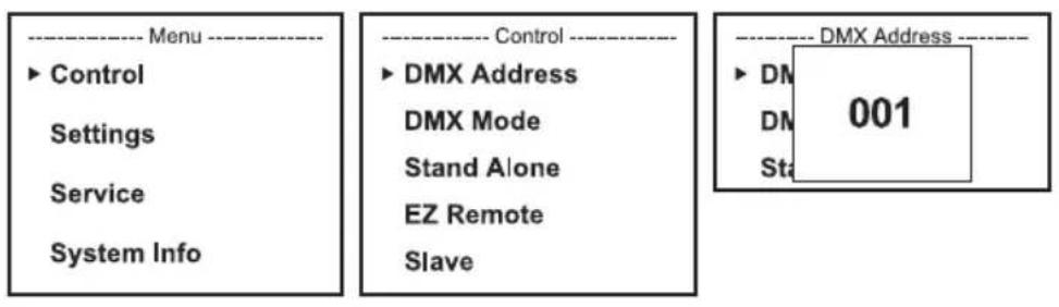 Cameo ZENIT W600 G2 - RéGLAGE DE L'ADRESSE DE DÉPART DMX (DMX Address) - 1