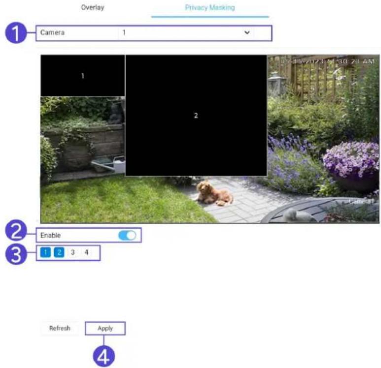 Overlay Privacy Masking 1 Camera 1 2 05-19/2023 14:30:28 AM 1 2 Camera1 Enable 3 1 2 3 4 Refresh Apply 4
