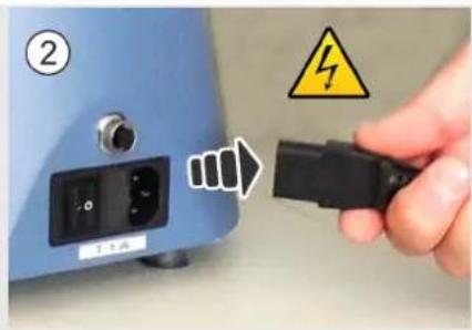 Hand holding a blue electronic device with a warning symbol and warning triangle, indicating electrical hazard or hazard.