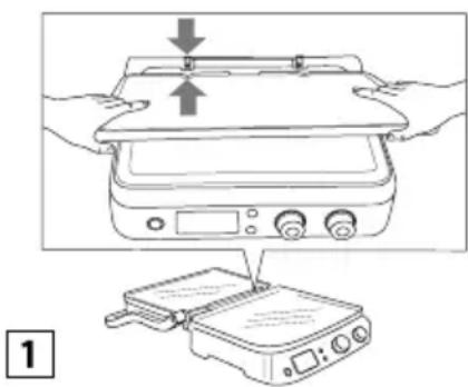 Diagram showing a cooking process step with hands operating a grater and a portable stove, labeled with number 1.