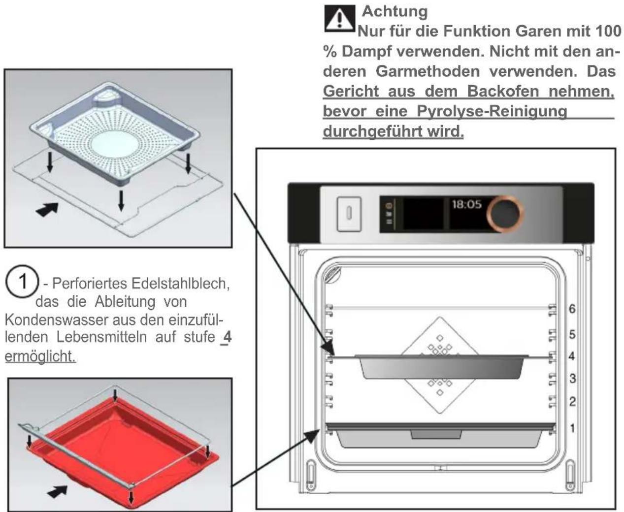 Achtung Nur für die Funktion Garen mit 100% % Dampf verwenden. Nicht mit den an- deren Garmethoden verwenden. Das Gericht aus dem Backofen nehmen, bevor eine Pyrolyse-Reinigung durchgeführt wird. ① - Perforiertes Edelstahlblech, das die Ableitung von Kondenswasser aus den einzufül- lenden Lebensmitteln auf stufe 4 ermöglicht.