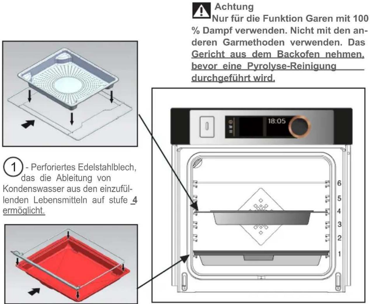 Achtung Nur für die Funktion Garen mit 100% % Dampf verwenden. Nicht mit den an- deren Garmethoden verwenden. Das Gericht aus dem Backofen nehmen, bevor eine Pyrolyse-Reinigung durchgeführt wird. ① - Perforiertes Edelstahlblech, das die Ableitung von Kondenswasser aus den einzufül- lenden Lebensmitteln auf stufe 4 ermöglicht.