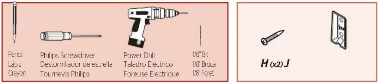 Pencil Lápiz Crayon Philips Screwdriver Destornillador de estrella Tournevis Philips Power Drill Taladro Eléctrico Foreuse Électrique 1/8" Bit 1/8" Broca 1/8" Foret H (x2) J