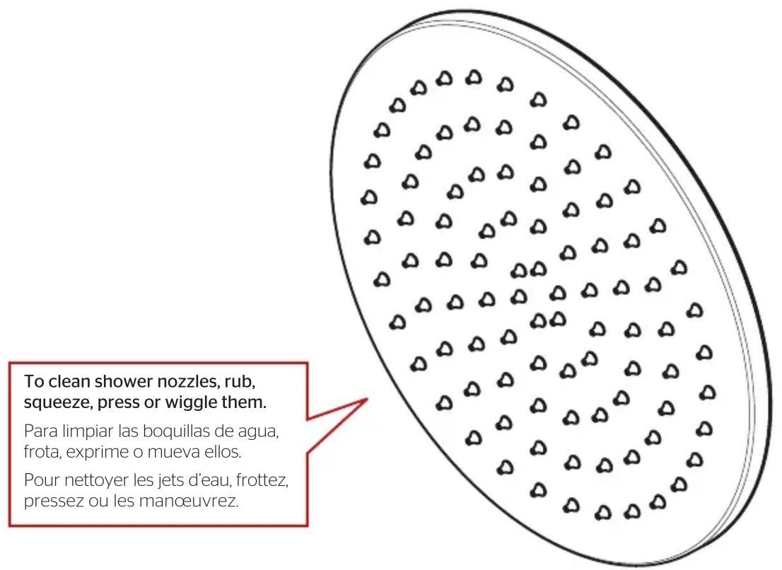 To clean shower nozzles, rub, squeeze, press or wiggle them. Para limpiar las boquillas de agua, frota, exprime o mueva ellos. Pour nettoyer les jets d'eau, frottez, pressez ou les manoeuvrez.