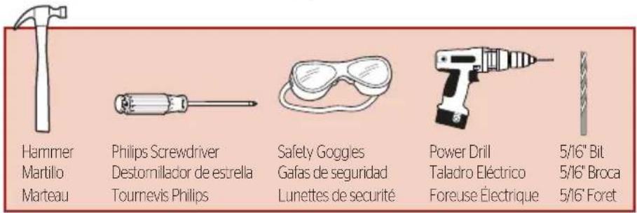 Hammer Martillo Marteau Philips Screwdriver Destornillador de estrella Tournevis Philips Safety Goggles Gafas de seguridad Lunettes de sécurité Power Drill Taladro Eléctrico Foreuse Électriche 5/16" Bit 5/16" Broca 5/16" Foret