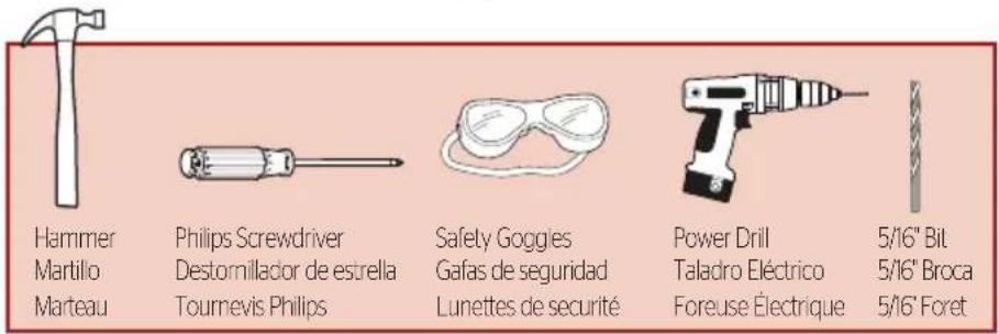 Hammer Martillo Marteau Philips Screwdriver Destornillador de estrella Tournevis Philips Safety Goggles Gafas de seguridad Lunettes de sécurité Power Drill Taladro Eléctrico Foreuse Électriche 5/16" Bit 5/16" Broca 5/16" Foret