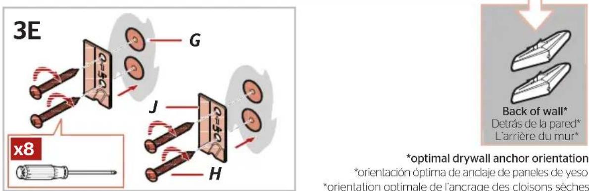 3E G J H x8 *optimal drywall anchor orientation *orientación óptima de andaje de paneles de yeso *orientation optimale de l'ancrage des cloisons sèches Back of wall* Detrás de la pared* L'arrière du mur* *optimal drywall anchor orientation